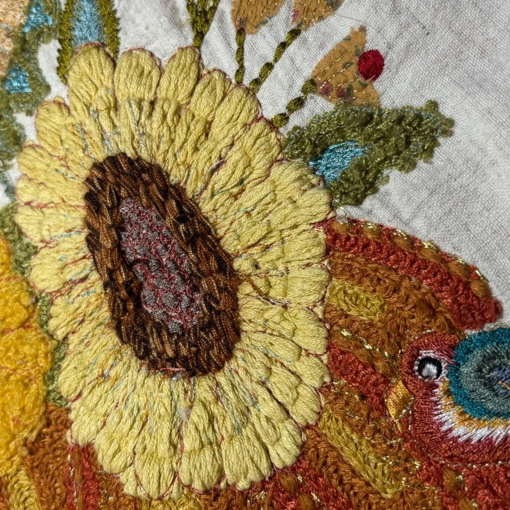 Pier 1 Pillow Cover Cream Orange Embroidered Sunflower Fall Harvest Floral Bird